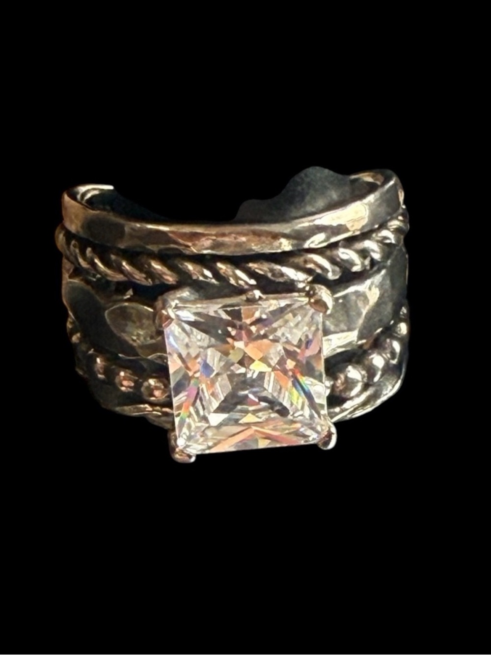 Square Clear Crystal Statement Ring in Antiqued Silver Tone Sterling Silver 925